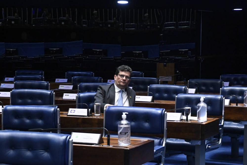 Moro durante sessão deliberativa semipresencial no plenário do Senado - Jefferson Rudy -28.jun.23/Agência Senado