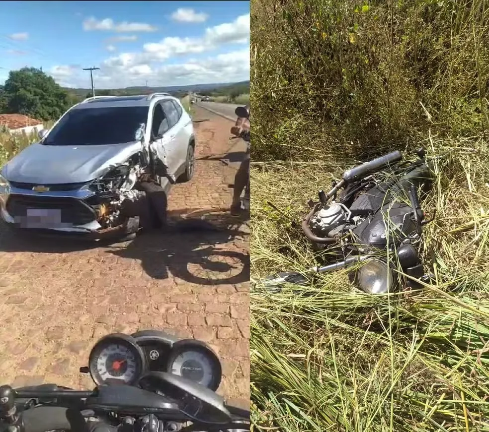 Motociclista e passageira ficam gravemente feridos em colisão entre moto e carro na BR-407, em Picos — Foto: Reprodução