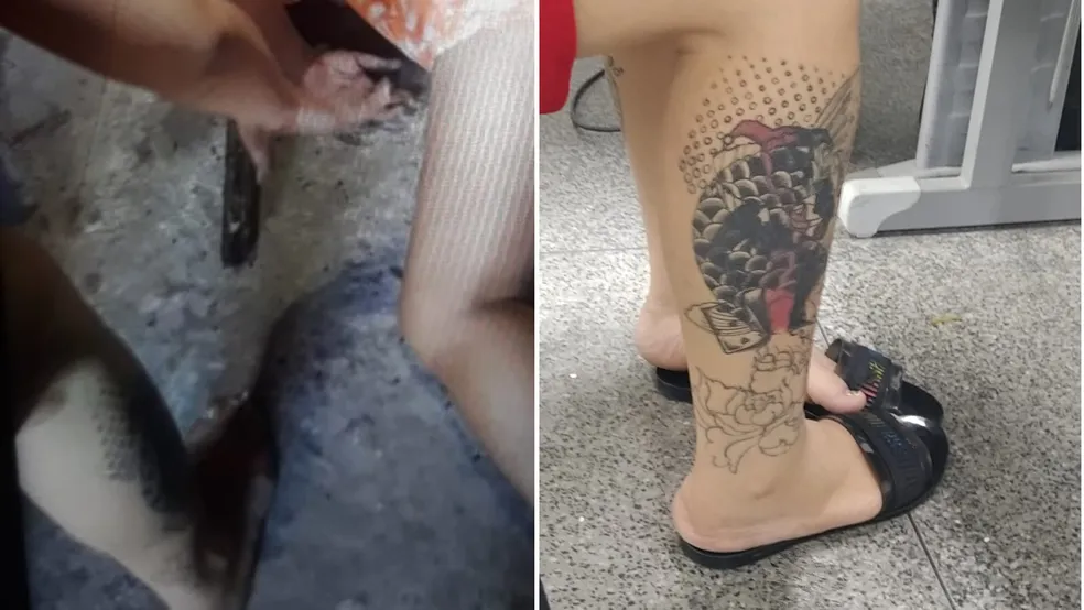 Imagem à esquerda mostra uma cena do crime, onde aparecem a perna de Maria Clara (de pé) e a vítima já morta (Silvana); Na imagem à direita, a perna de Maria Clara fotografada nesta segunda (8) na delegacia, exibe a mesma tatuagem. — Foto: Divulgação Polí