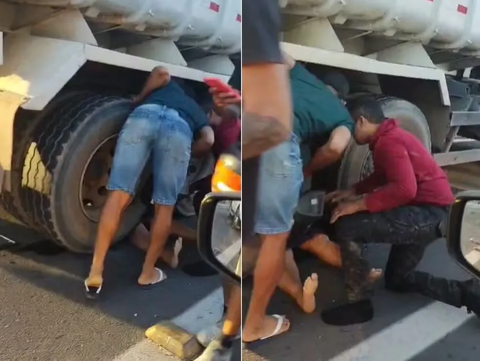 Mulher fica entre rodas de caminhão ao cair de moto na Zona Leste de Teresina — Foto: Reprodução