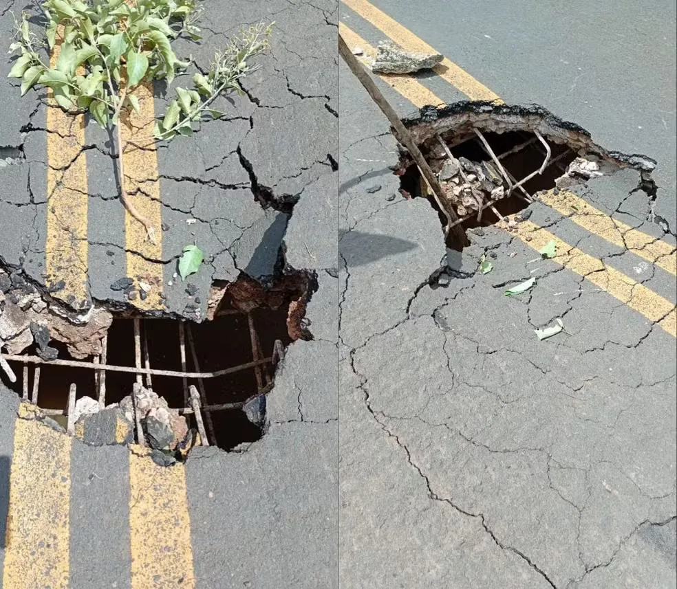 Asfalto cede e cratera se abre em ponte no Piauí — Foto: Reprodução