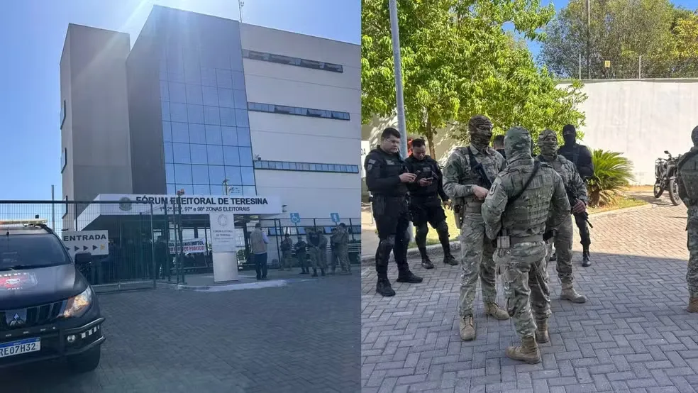 Sede do Fórum Eleitoral de Teresina ganhou reforço na segurança para a audiência — Foto: Eric Souza