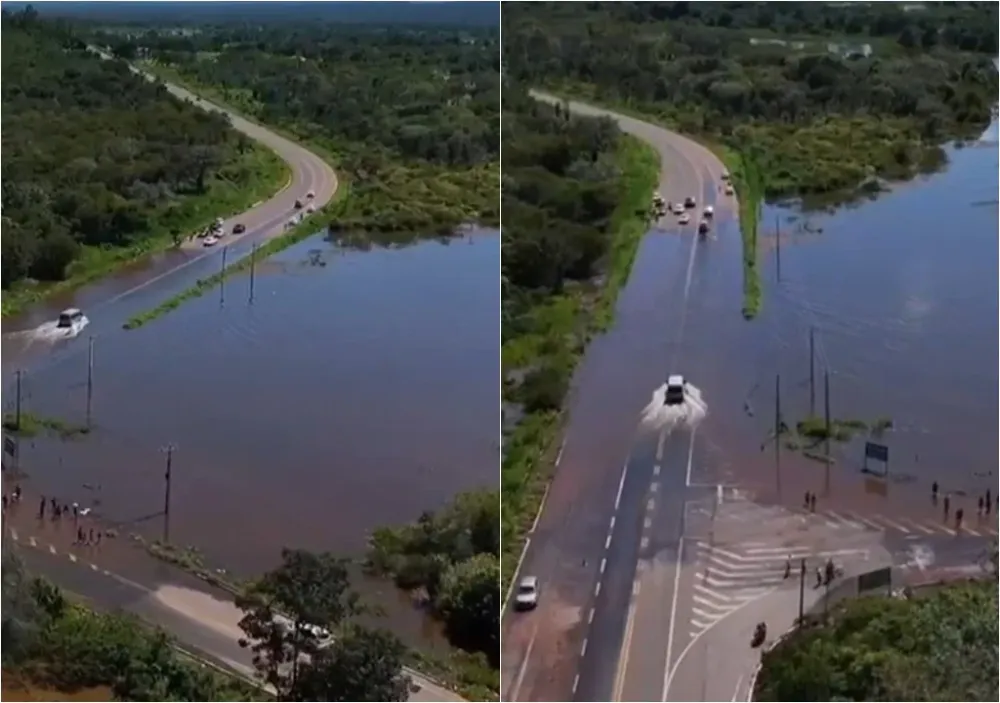 Rio transborda em rodovia no Piauí. (Foto: reprodução)