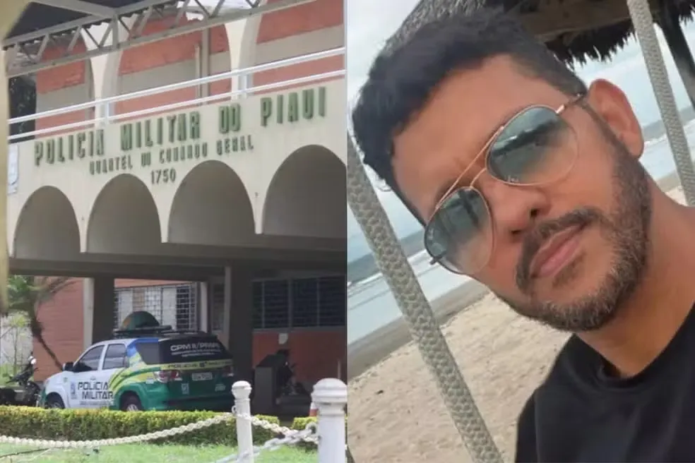 À esquerda, Quartel do Comando-Geral da PMPI; à direita, policial civil Alexsandro Cavalcante Ferreira, morto a tiros em 2023 