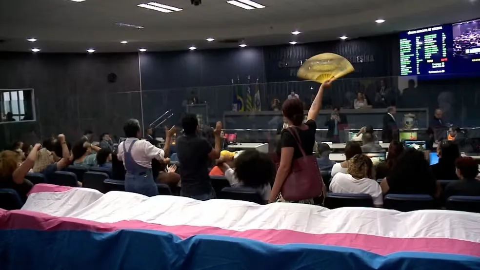 Manifestantes trans protestam contra projeto de lei que restringe uso de banheiros femininos em Teresina — Foto: TV Clube
