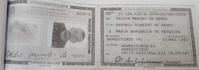 Documento de identificação da vítima, o peixeiro Valdir Mendes de Abreu - Foto: Divulgação/Polícia Civil