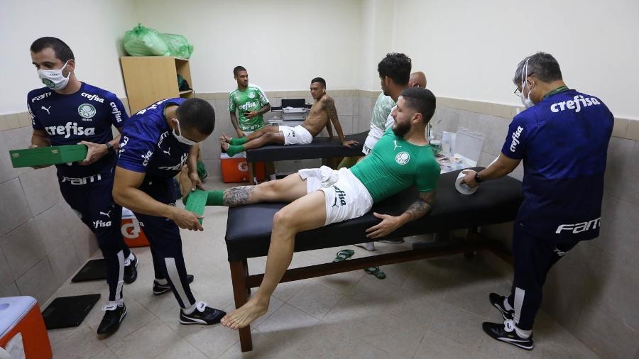 Jogadores do Palmeiras durante preparação para enfrentar o Libertad - Imagem: Cesar Greco