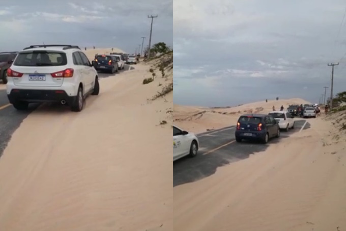Areia de dunas invade trecho da PI-116 no litoral do Piauí