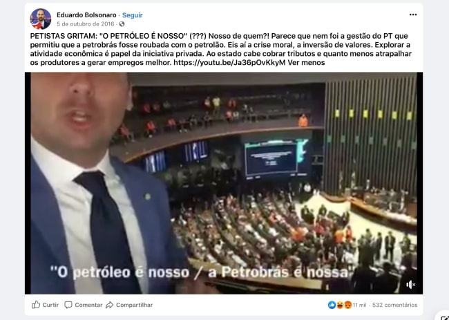 Em 2016, Eduardo Bolsonaro criticou petistas por slogan adotado por Bolsonaro