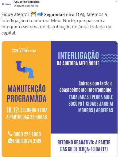 Seis bairros de Teresina ficarão sem água para interligação de adutora
