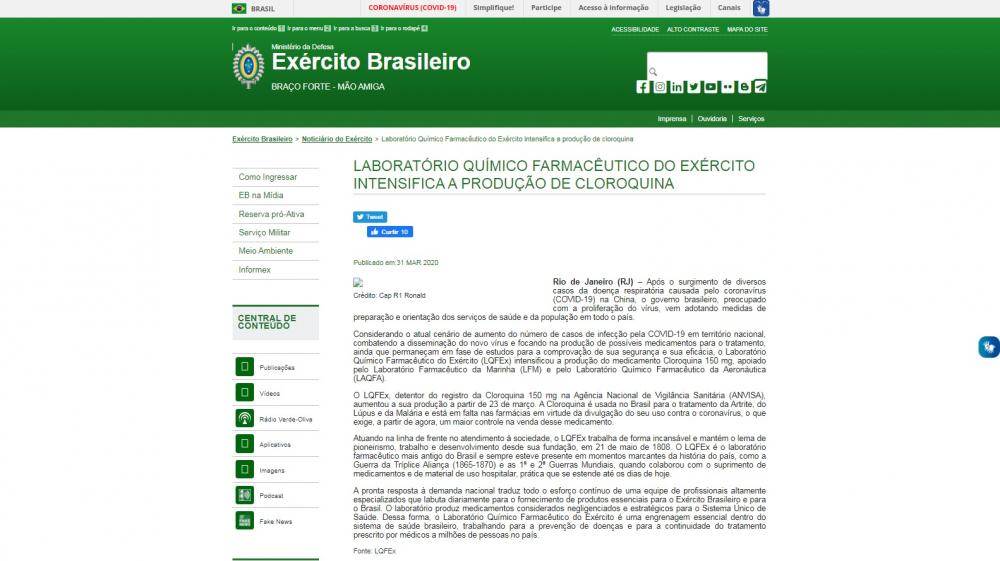 Site do Exército apaga notícia sobre aumento da produção de cloroquina