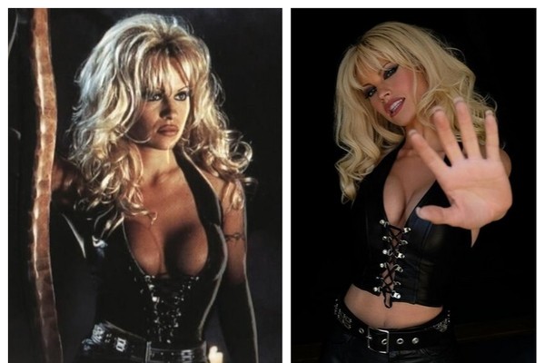A atriz Pamela Anderson com seu figurino no filme Barb Wire - a Justiceira (1996) e a atriz Lily James com o mesmo look na série em que interpreta a Anderson (Foto: Reprodução/Instagram)
