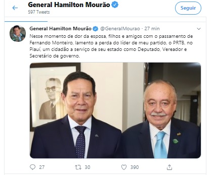 Mourão posta foto com Freitas Neto ao lamentar morte de Monteiro