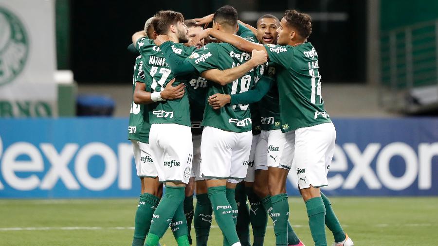 Jogadores do Palmeiras comemoram gol de Zé Rafael contra o Defensa y Justicia na Libertadores - Imagem: Andre Penner - Pool/Getty Images