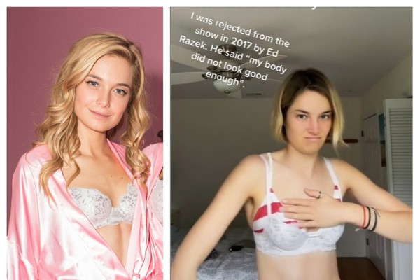 A modelo Bridget Malcom mostrando o sutiã usado por ela em desfile da grife Victorias Secret em Paris em novembro de 2016 (Foto: Getty Images/TikTok)