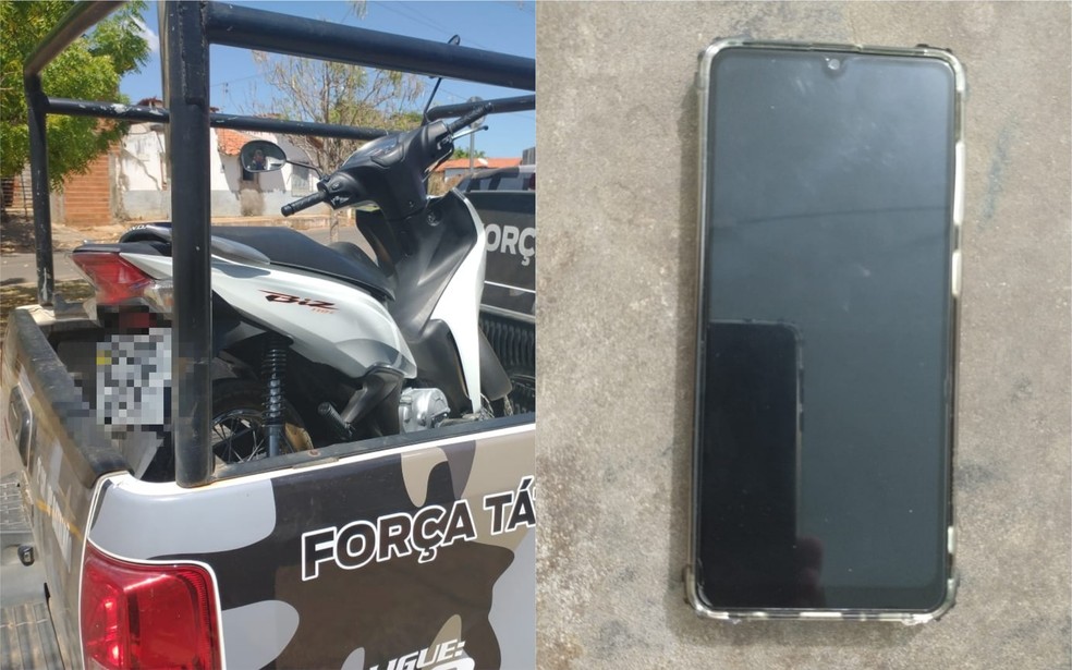 Moto e celular da vítima foram encontrados com o sobrinho — Foto: Divulgação/PM