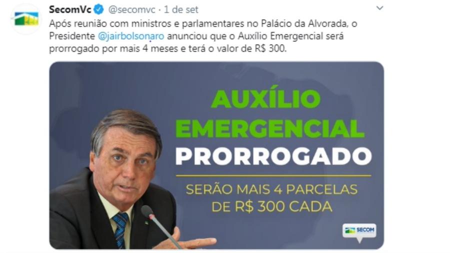 Postagem de 1º.Setembro.2020 na página da Secom do governo Bolsonaro