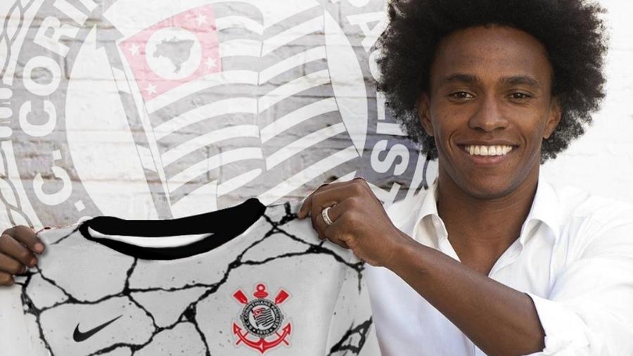 Willian segura a camisa do Corinthians | Imagem: Reprodução/Meu Timão