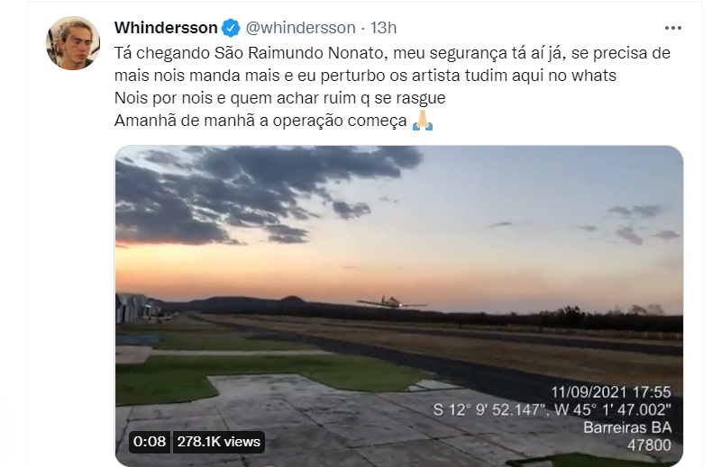 Whindersson Nunes envia avião para ajudar no combate ao fogo em SRN
