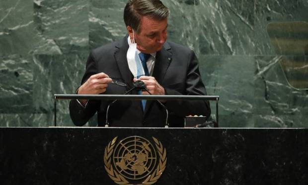 O presidente Jair Bolsonaro fez um discurso radical e repleto de mentiras na abertura da Assembleia Geral da ONU, em setembro de 2021 Foto: AFP