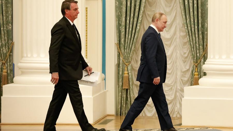 16.fev.2022 - Jair Bolsonaro acompanha Vladmir Putin, presidente da Rússia, durante declaração à imprensa, em Moscou | Imagem: Alan Santos/PR